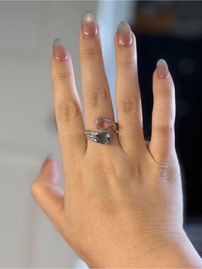 Sterling Silver Dual Teardrop Gemstone Ring - Blue & Pink